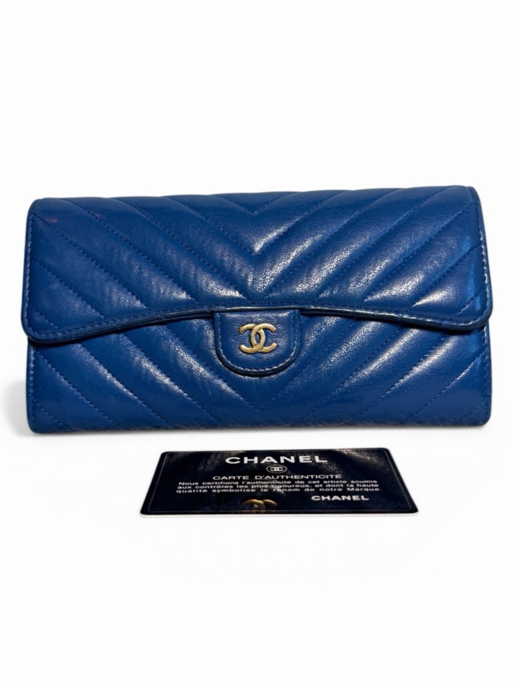 CHANEL Lambskin Chevon Single Flap Wallet Blue Gold Hardware